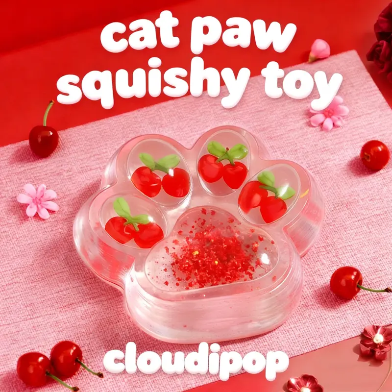 CloudiPop Handmade Taba Cat Paw Squishy Silicone Squeeze Toy with Fruit and Vegetable Mini Models Inside 2.76 Inch Soft Stress Relief Fidget for Anxiety and Relaxation Desk Accessory for Adults