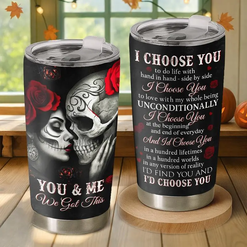 20oz Insulated Stainless Steel Skull Couple Tumbler - Vacuum Flask with Lid, Anti-Scalding Slim Base, Glossy Kitchenware Drinkware for Coffee, Watercolour Flower Accents, Gothic Romantic Anniversary Gifts for Adult Spouses