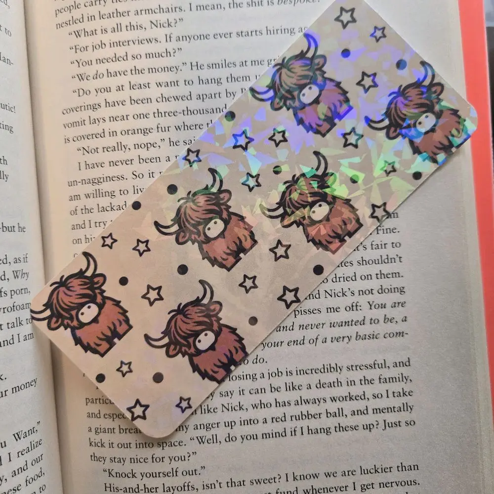 Highland Cow Bookmark with Holographic Design and Star Patterns for Book Lovers