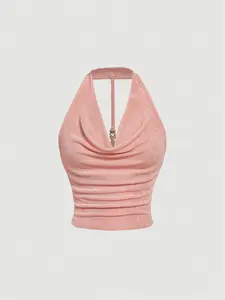 Elegant Style Halter Neck Ruffled Vest Top, Stylish Backless Design, Perfect for Casual Wear, Women's Fashionable Clothing, Womenswear