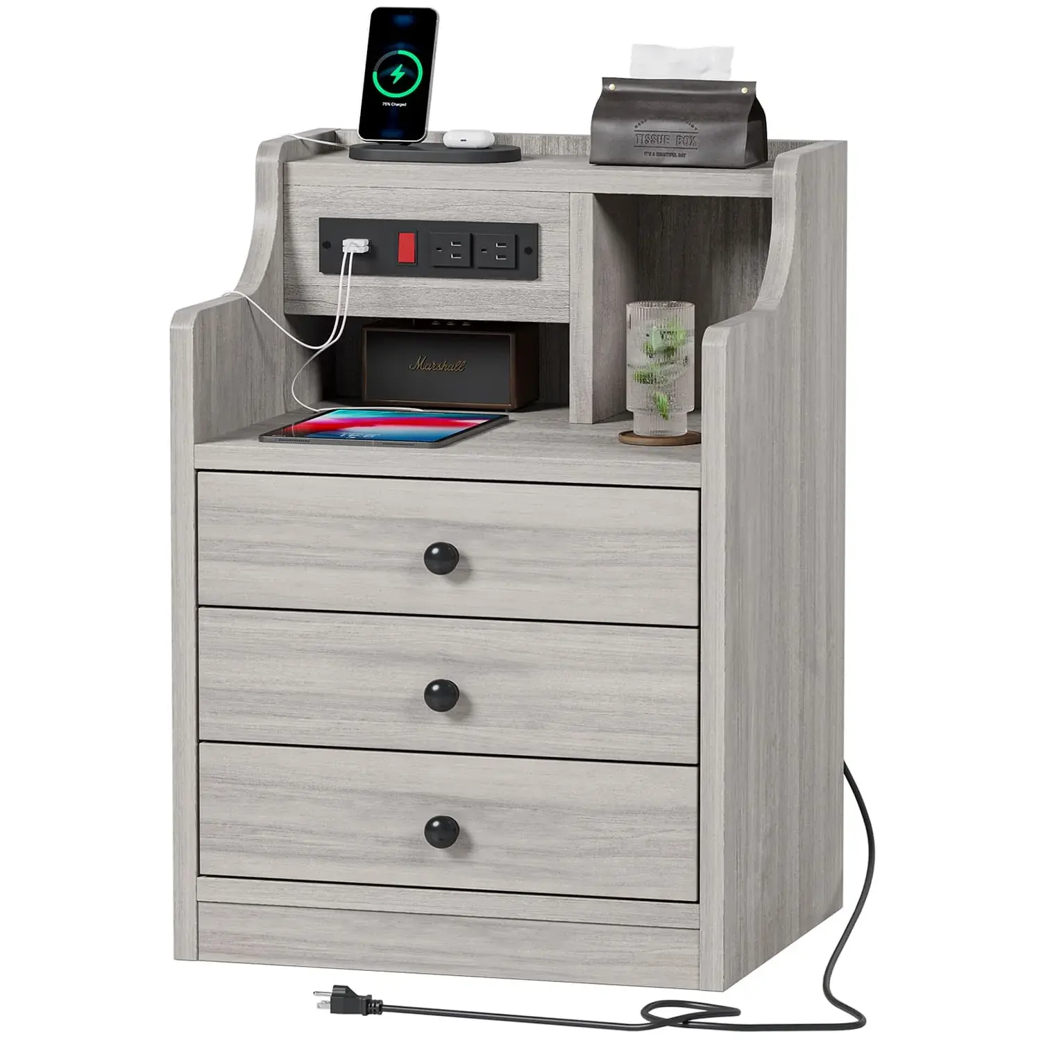 Sikaic 3-Drawer Nightstand with Charging Station - Grey Bedroom Small Spaces Furniture, Bedside Table with USB Ports