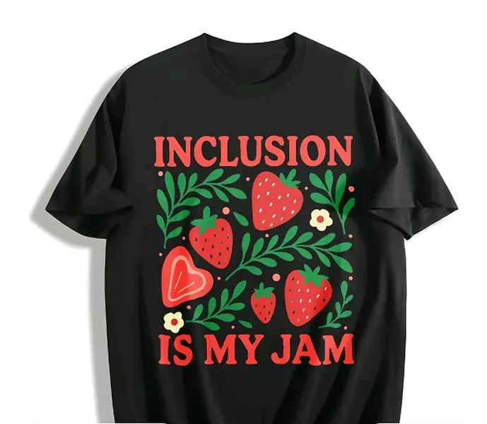 Inclusion Is My Jam Strawberry Floral Graphic T-Shirt, Special Education Teacher Cute Strawberry Tee, SPED Educator Women Casual Shirt