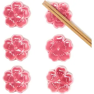 6PCS Elegant Pink Cherry Blossom Ceramic Chopsticks Rest Rack Holder for Chopsticks Forks Spoons Knives Paint Brushes