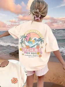 Women's Milk Silk Fabric Lady T-Shirt, Smooth Comfortable Breathable Fit Coconut Wave Pattern, Casual Everyday Round Neck Short Sleeve Summer Top, Womenswear