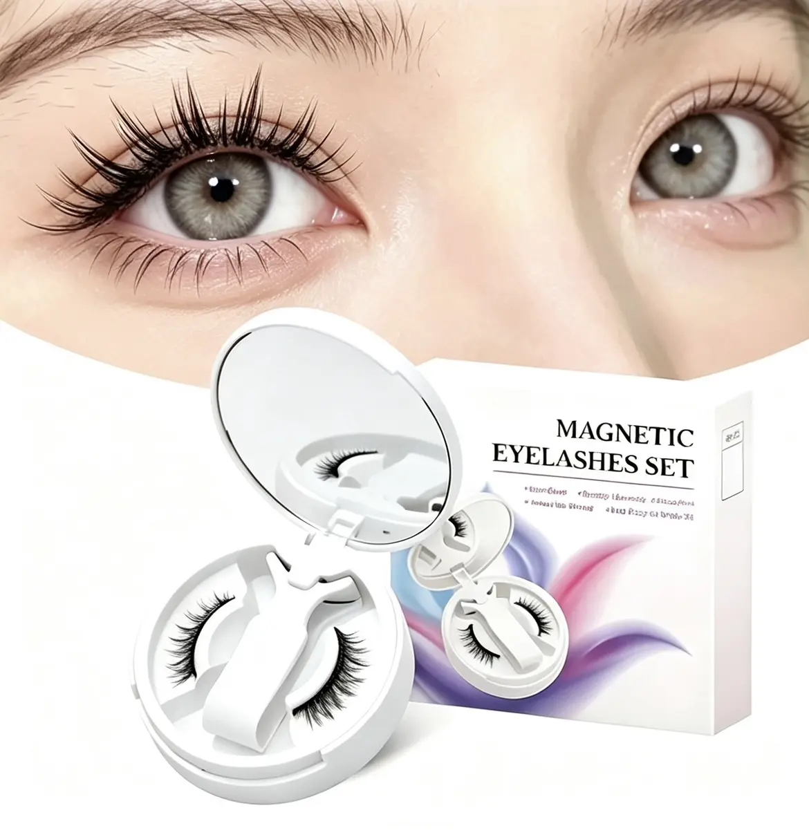 Magnetic Eyelashes Kit, Glue Free Reusable Magnetic Lashes with Applicator & Built-in Mirror Travel Case, Ultra Thin Soft Magnetic Lash Strips, Lightweight False Eyelashes for Fox Eye, Natural & Glam Makeup, Suitable for Sensitive Eyes