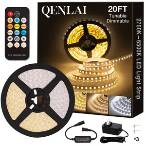 QENLAI 20ft/40ft/66ft LED Strip Lights, 2700K-6500K Tunable White LED Light Strip with Remote and Plug, 12V 720 LEDs Dimmable Flexible Cuttable Led Tape Light for Kitchen Under Cabinet Bedroom Ceiling Lighting
