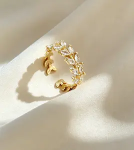 Gold Plated Hypoallergenic Leaf Ring, Copper Adjustable CZ Inlay Statement Ring for Women