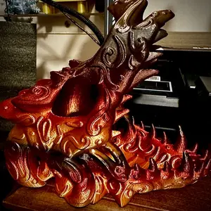 3D Printed Custom Dragon Skull Dice Tower Printed in Black/Red/Gold Silk Filament