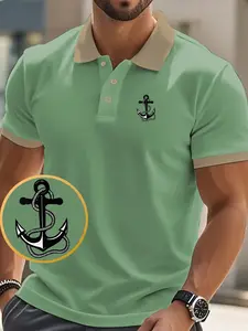 Fashionable Anchor Geometric Print Muscle Slim Polo Shirt, Casual Slim-Fit Short Sleeve, Business Leisure Top for Men, Menswear, Ideal for Daily Wear, Summer Polos