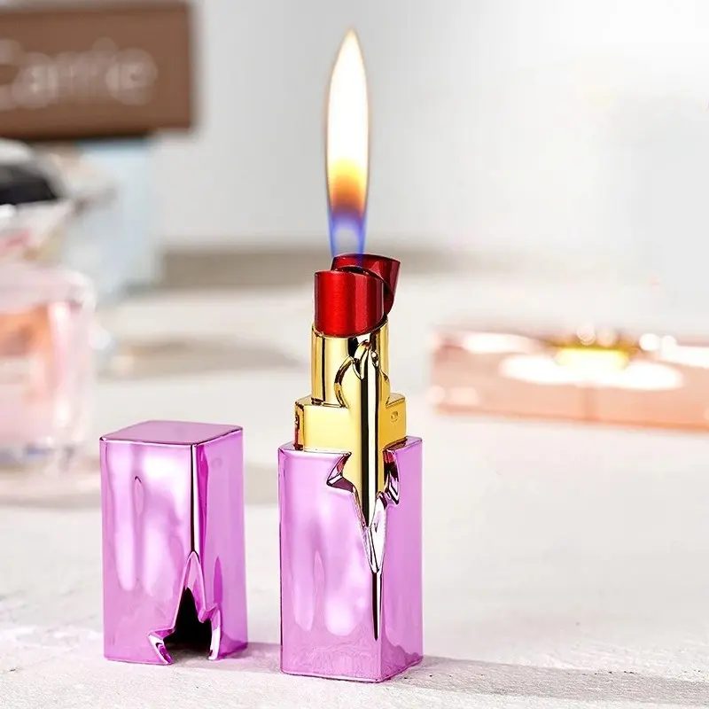 Purple/Red Lipstick-Shaped Fashionable Portable Metal Lighter, Windproof Jet Torch with Adjustable Ignition, Inflatable Mini Pocket Lighter Accessories for Women, Valentine's Day Gift (Butane Gas Not Included)