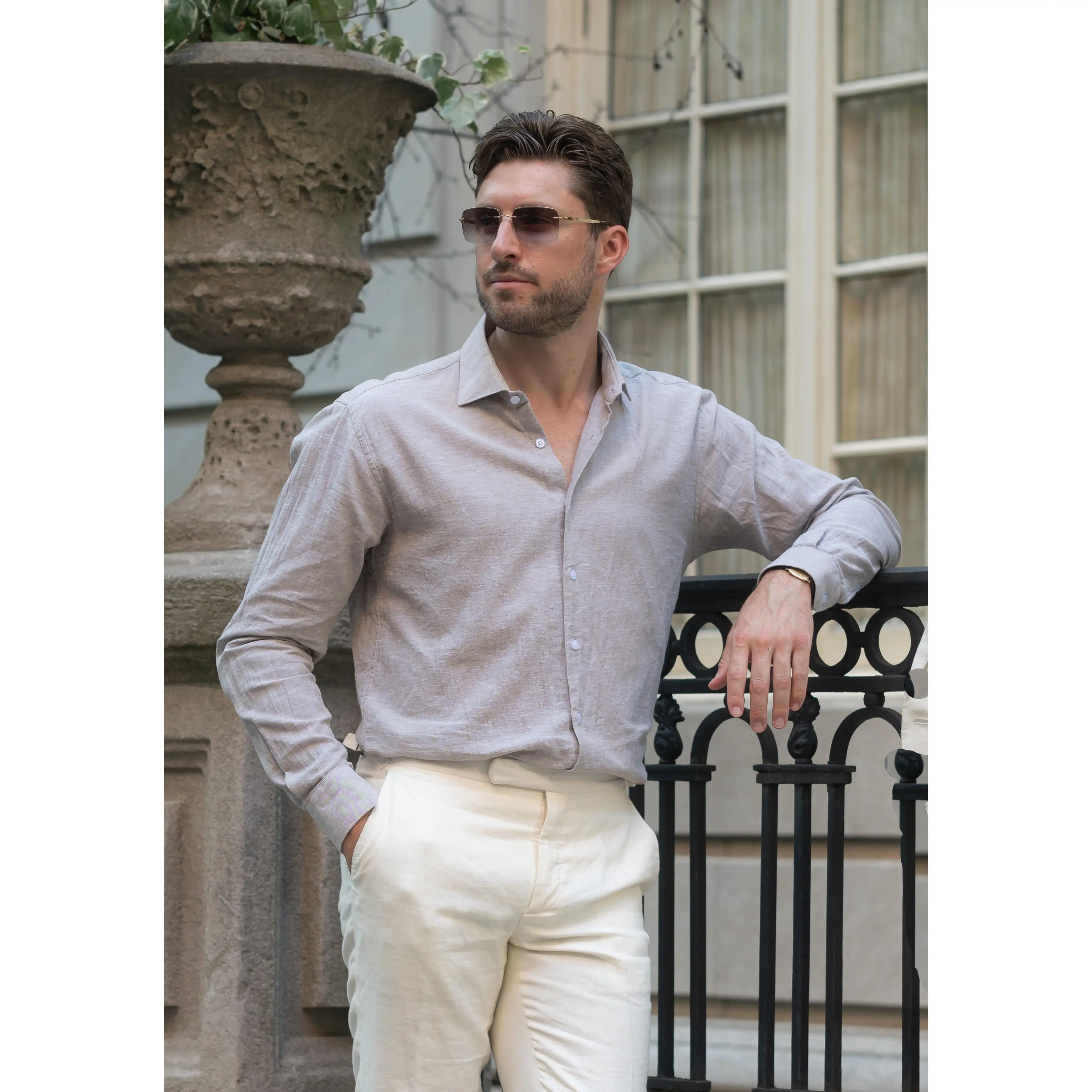 Tan Cotton-Linen Shirt - Cutaway Classic Collar