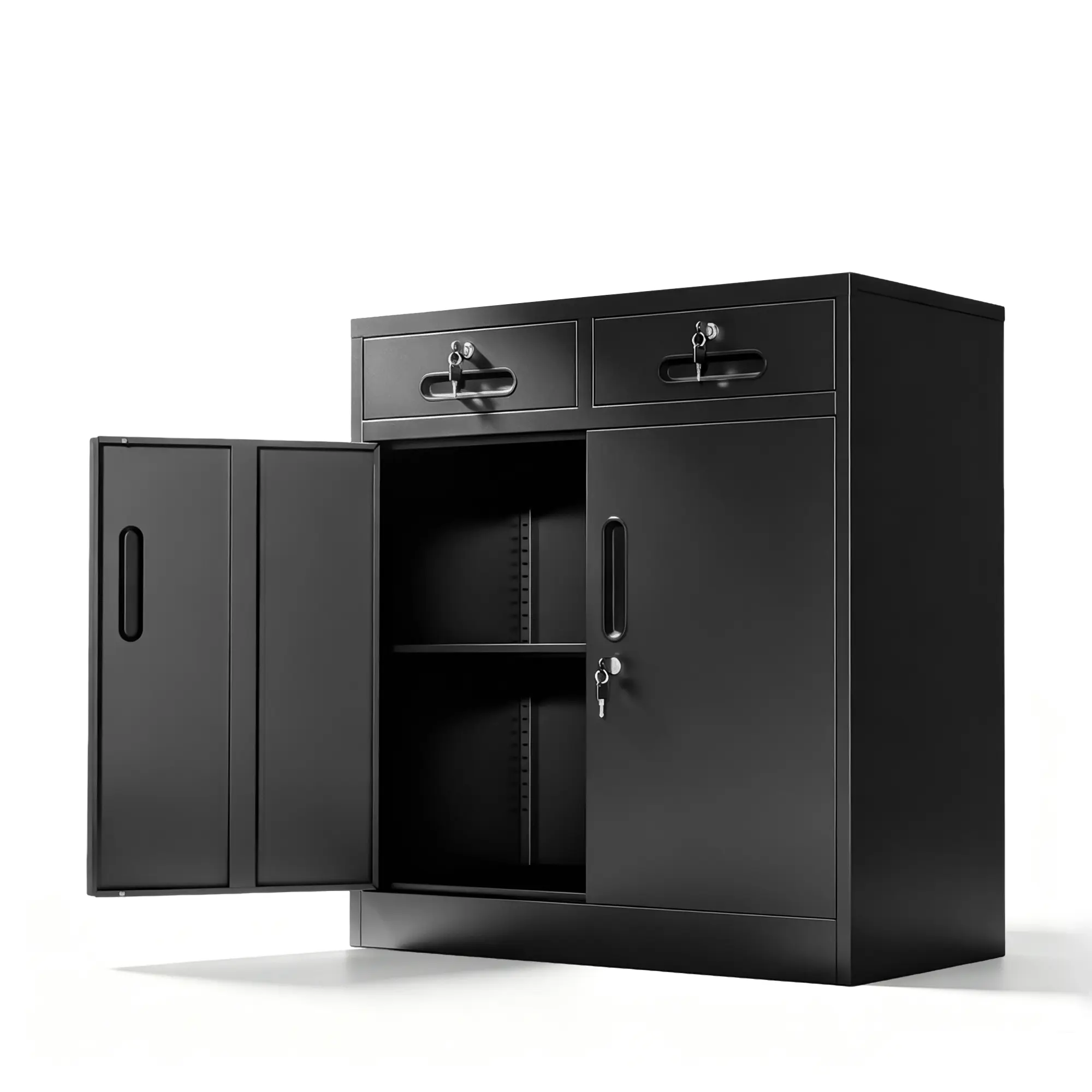 Black Lockable Steel Rectangular Tool Cabinet - Single Unit, 2 Drawers, Adjustable Shelf, Functional Garage/Workshop Storage Cupboard with Doors for Office Utility Use