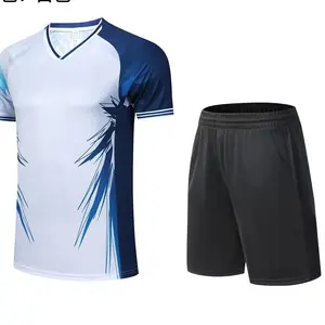 Football Suit Training Vest Breathable Jersey with Blue and White Design & Black Shorts for Sports Wear Short Sleeve
