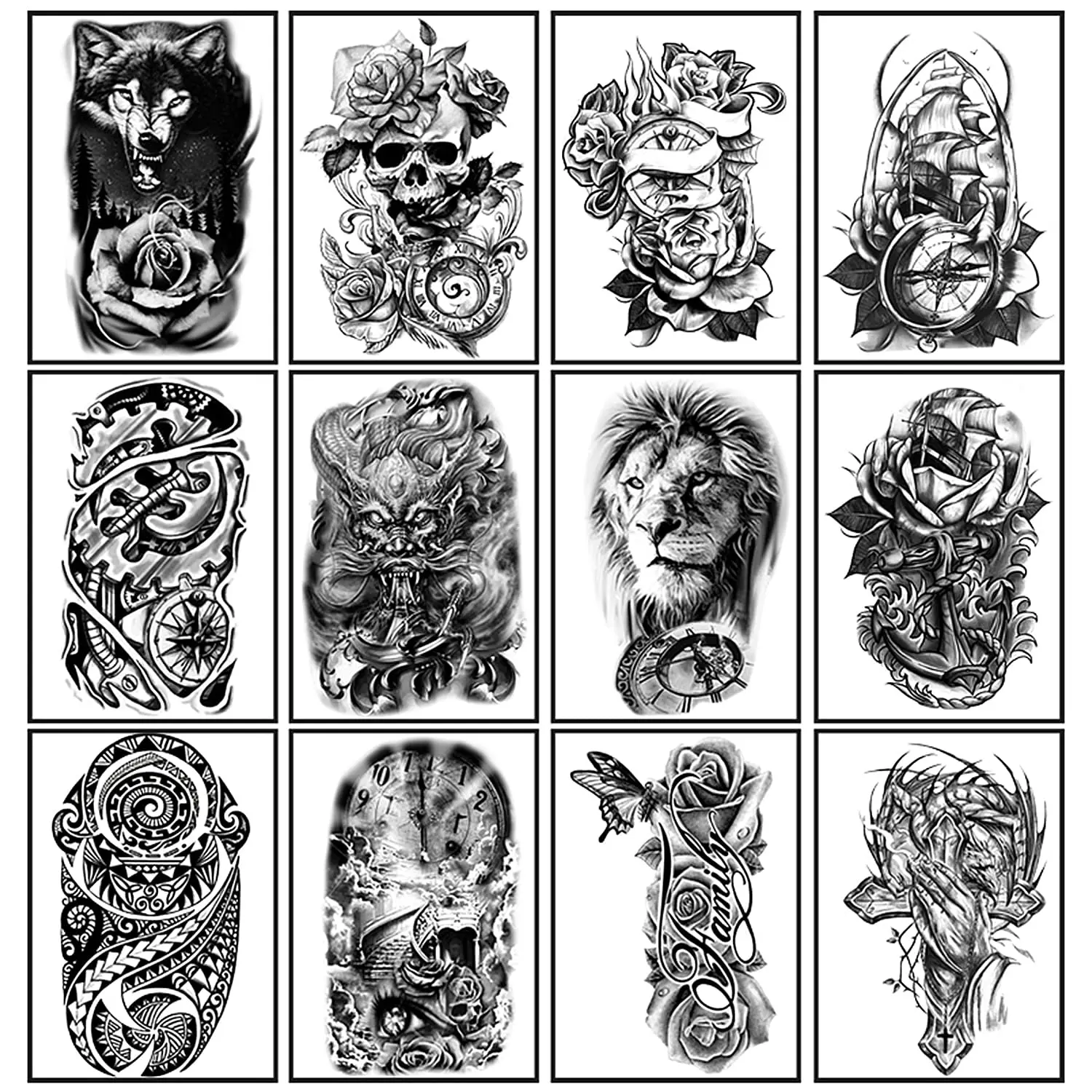 36 Sheets Temporary Tattoos Stickers, 12 Sheets Fake Body Arm Chest Shoulder Tattoos for Men or Women with 24 PCS Tiny Black Tattoos