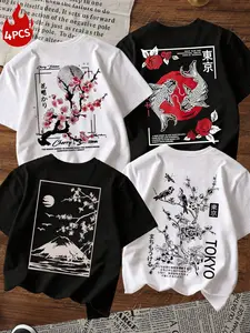 Men's Oriental Aesthetic T-Shirt 4 Pack, Breathable Cotton Sakura & Koi Print, Daily Wear Street Style Layering