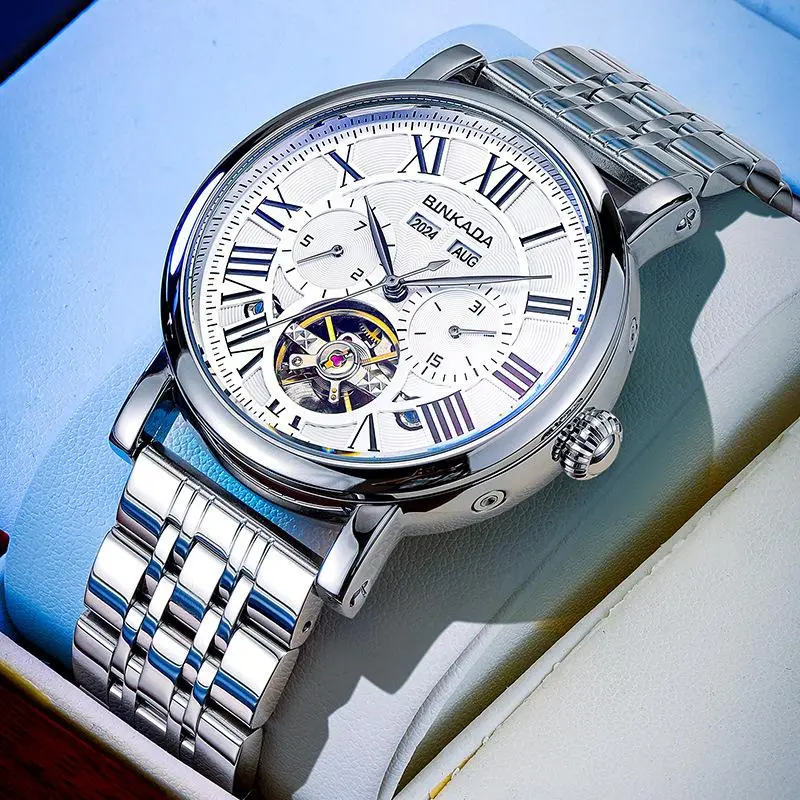 Binkada Unisex Automatic Mechanical Watch – Multifunctional Waterproof Stainless Steel Sport Watch with Multi-Dial Display