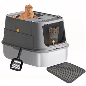 Stainless Steel Litter Box with Lid 23.6"x16.9"x15.7" XL Extra Large for Big Cats Enclosed Removable Metal with Cat Litter Mat & Scoop Anti-Leakage Non-Sticky Easy Cleaning