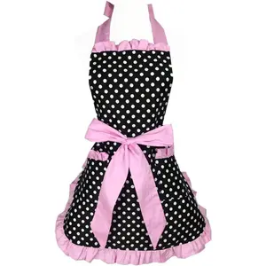 Cute Apron Retro Black Polka Dot Retro Ruffle Side  Cooking Aprons with Pockets for Women Girls (Side Pink)