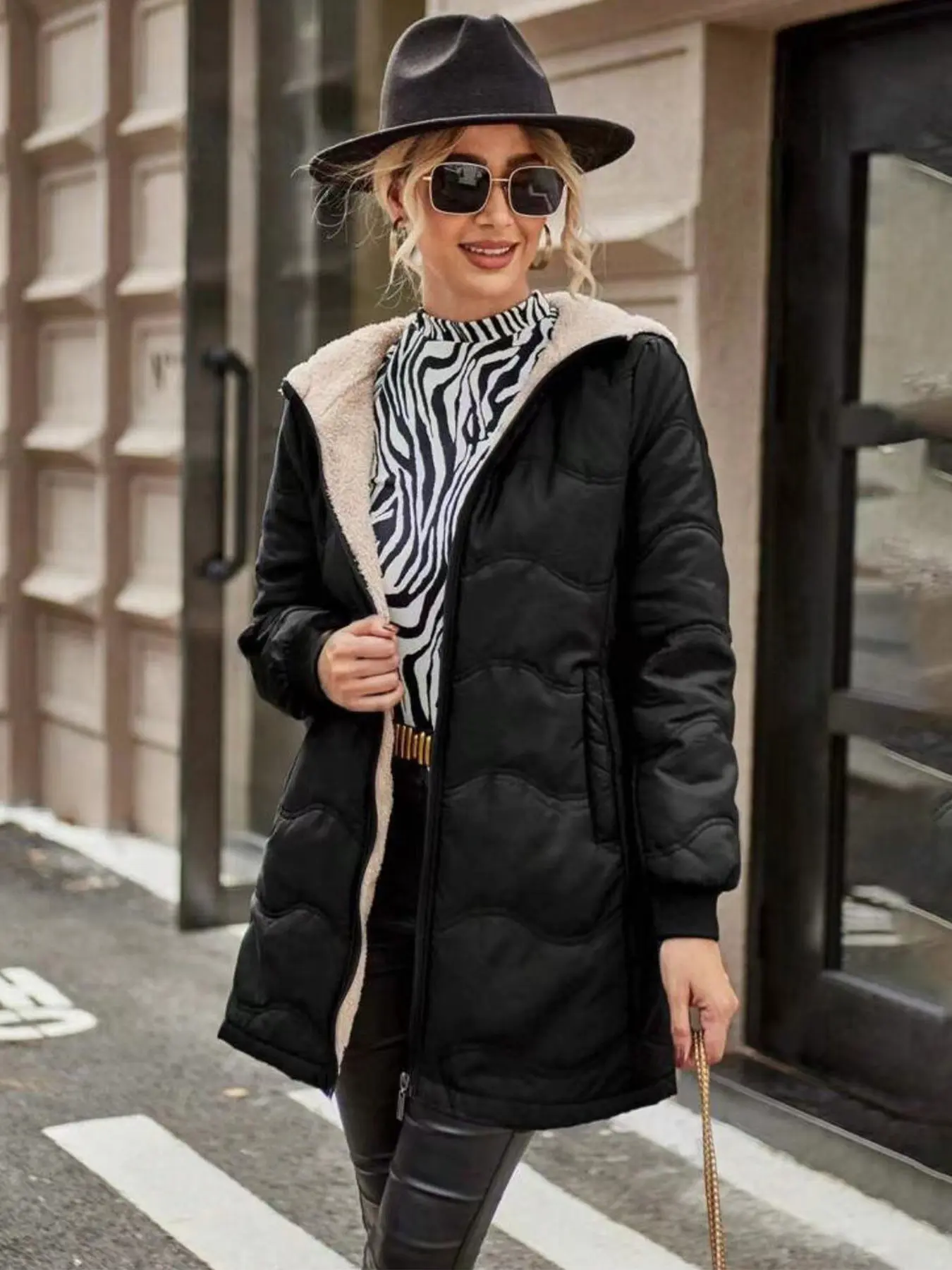 Women's Basic Cotton Jacket, Slim Fit Mid-Length Coat with Soft Fleece Lining, Collared Longsleeve Outerwear