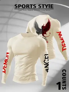 Men's Tight Fit Long Sleeve Fitness Shirt, Angel & Demon Wings Graphic, Training & Daily Wear, Dark Aesthetic Fashion Piece