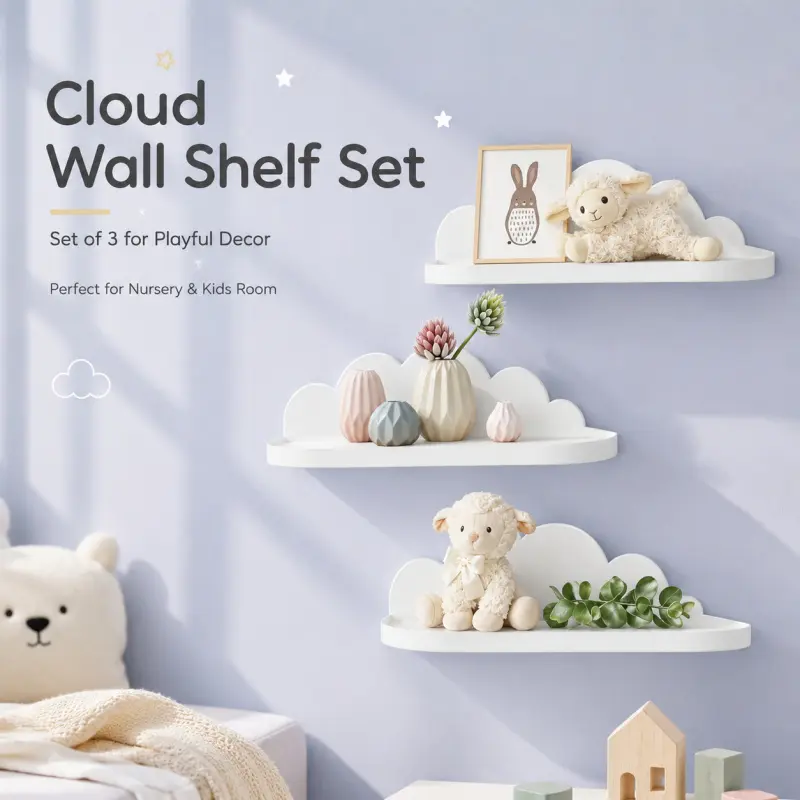 Set of 3 Cloud-Shaped Wall Shelves, Cute Floating Storage for Nursery & Kids Room, Decorative Wall Mounted Shelf Set