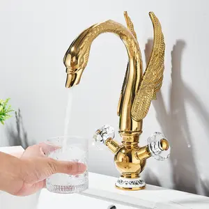 Senlesen Swan Design Bathroom Faucet Gold Modern Bathroom Sink Faucet 1 Hole Dual Handle Swivel Spout Vanity Mixer Taps with Hose