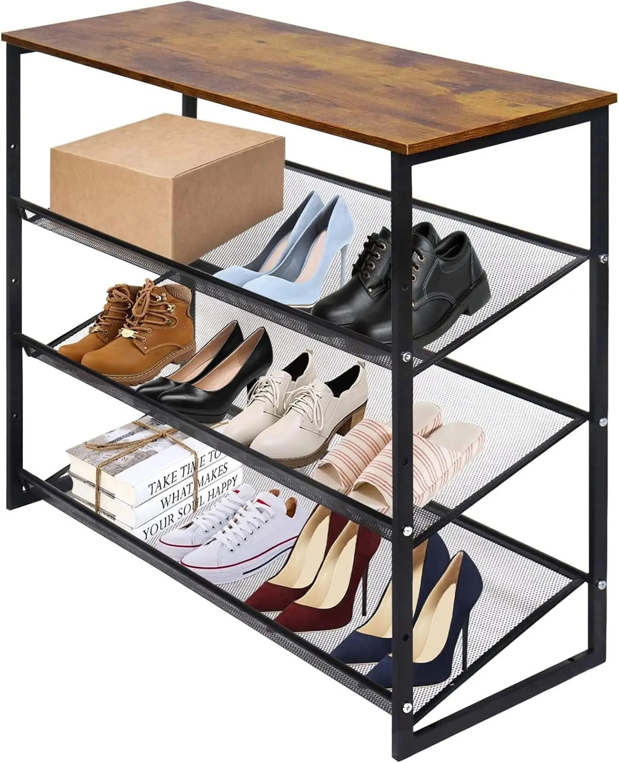 -Tiers Shoe Storage Freestanding Organizer Modern 25.2 in Tilting Adjustable Shoe Rack for High Heels, Entryways, Hallways, Closets, Dormitory Rooms, Industrial, Brown