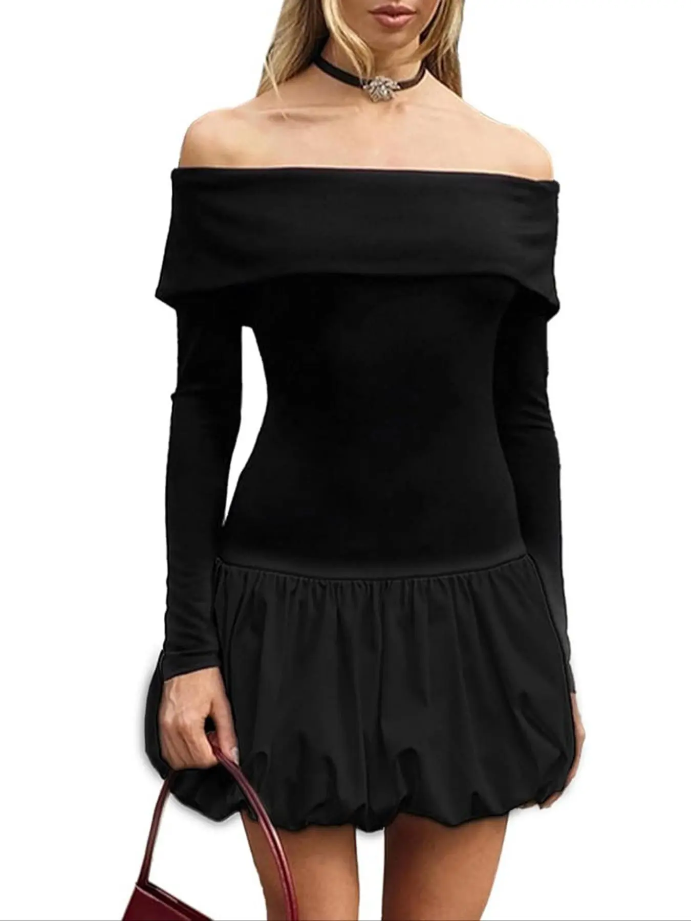 Mini Bubble Dress for Women, Long Sleeves, Bare Shoulders, Short Pumped Up Dress, Autumn, Cocktail, Party, Formal Dresses
