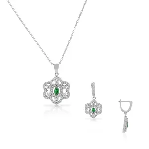 925 Sterling Silver Green Emerald-Tone CZ Chandelier Dangle Earrings Pendant Necklace Set