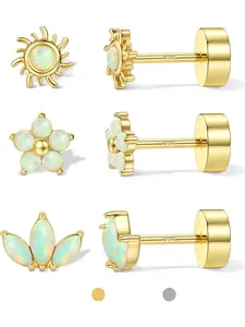 Gold Flat Back Stud Earrings for Women Men Sterling Silver Post Hypoallergenic Screw Back Earrings 14K Gold Cartilage Conch Helix Tragus Piercing Jewelry CZ Opal 3 Pairs 20G Ear Studs