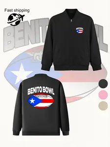Benito Bowl Graphic Jacket with Puerto Rican Flag, Casual Fitted Outerwear for All Seasons, Stylish Zip Closure Coat with Pockets