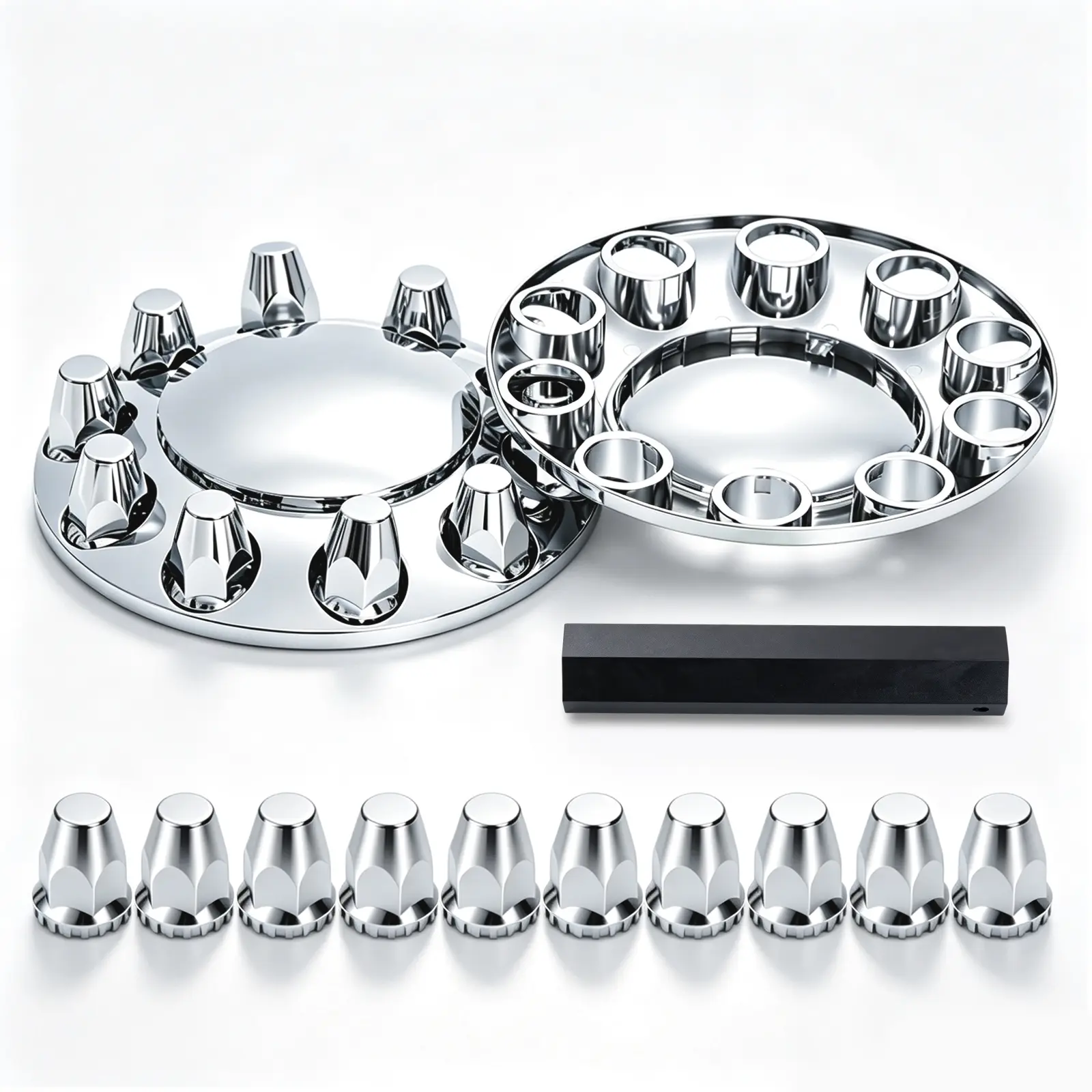 ABS Chrome Plastic Front Axle Cover Kits with 33mm Thread-on Nut Covers for Semi Trucks in Pairs (Standard)