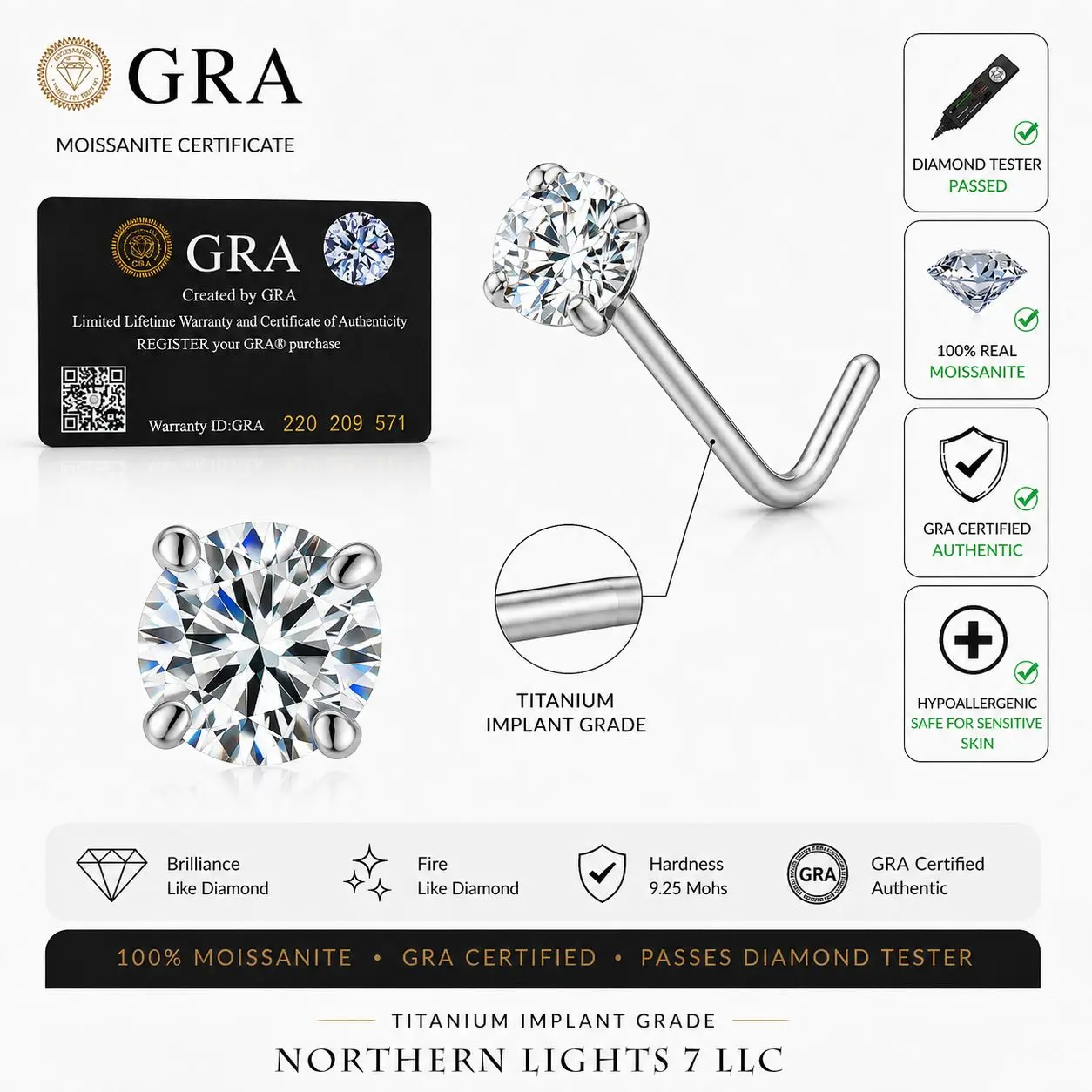 Moissanite Titanium Nose Stud L shape 18 Gauge comes with GRA certificate of Authenticity,