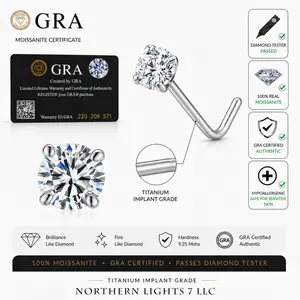 Moissanite Titanium Nose Stud L shape 18 Gauge comes with GRA certificate of Authenticity,