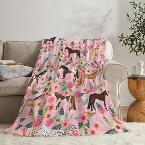 Horse Blanket Gift for Girls Women Cute Animal Horses Throw Blankets Flowers Fleece Flannel Stuff Soft Lightweight Plush Pink Blanket  50x40