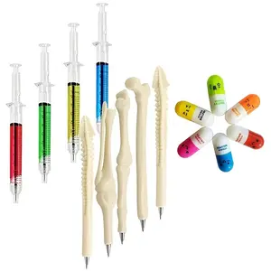 4 Injector Pens + 6 Pill Capsule Pens + 5 Bone Design Ballpoint Pens, Party Gifts for Halloween, Thanksgiving, Christmas, New Year, Promotions