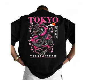 Men's Dragon & Japanese Print Round Neck Tee Regular Fit Casual Street Short Sleeve T-shirt for Summer Daily Wear Tropical Black Streetwear Tokyo Japan Design