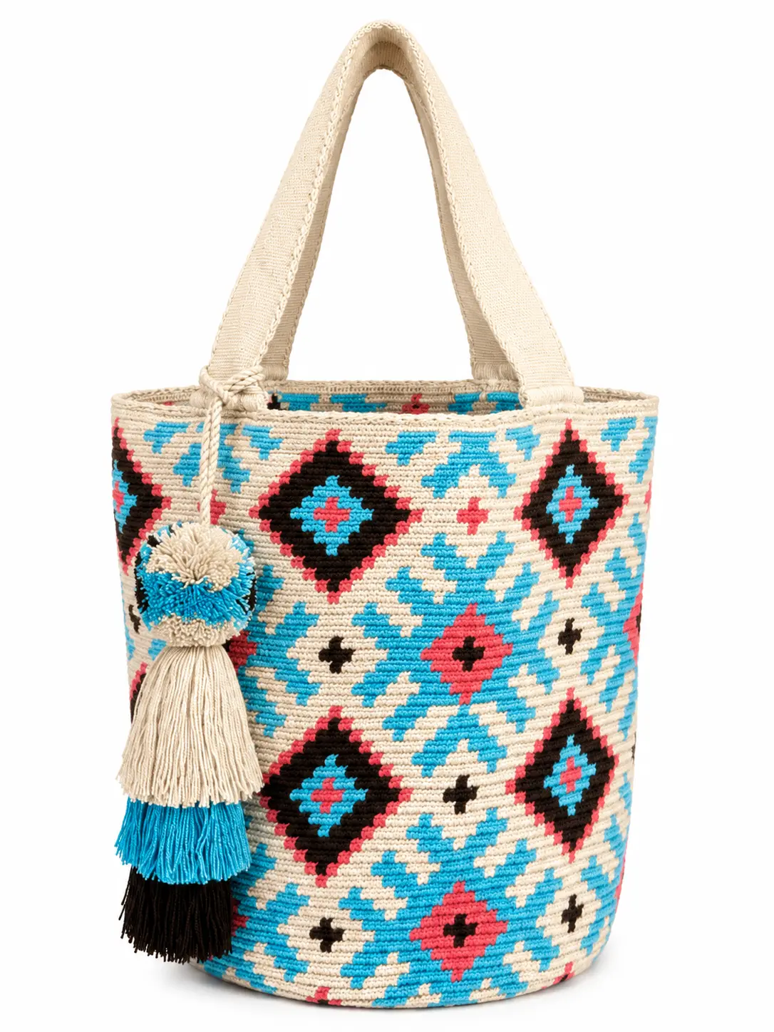 Wayuu Mochilón Bag - Large Woven Tote with Bold Graphic Geometric Motifs and Pompoms for Women, Tassel, Travel, Casual, Crochet, Colorful Pom-Pom Women's Tote Bags, Diamond-Inspired, Handcrafted Bag, Bags Handmade