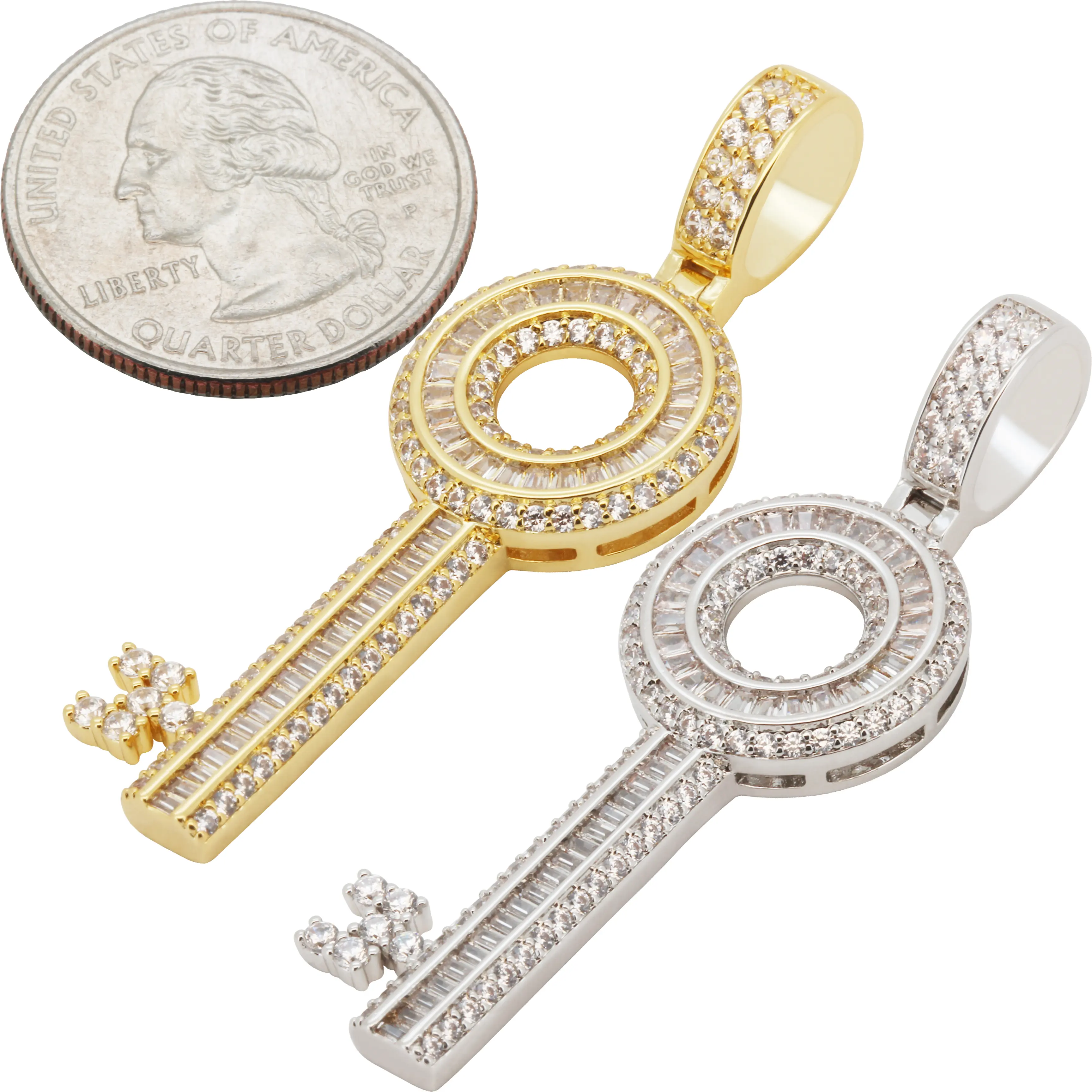 14k Yellow/White Gold Plated AAA Cubic Zirconia Key Pendant