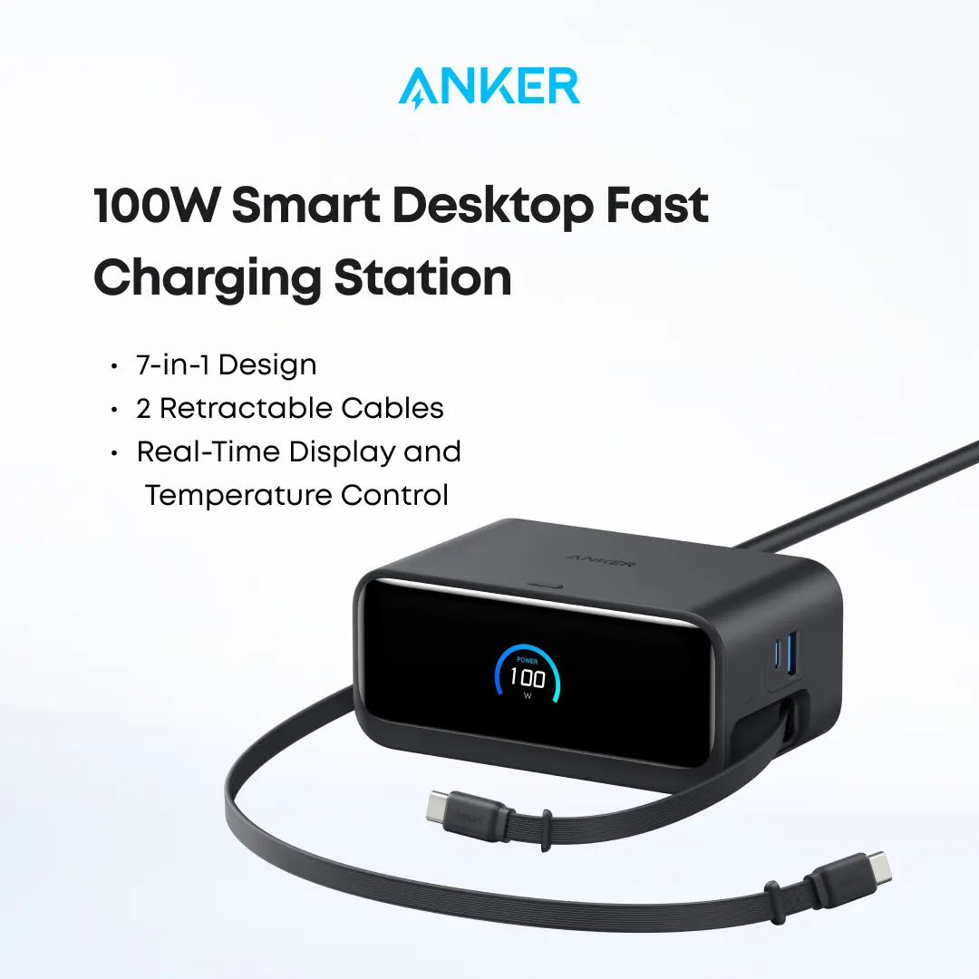 [Limited Offer]Anker Nano 7-in-1 USB-C Charging Station with 2.3ft InstaCord, 3 USB-C, 3 AC Outlets, 1 USB-A, 100W Desktop Power Strip for iPhone 17/16, MacBook, and More, Perfect for Multitasking