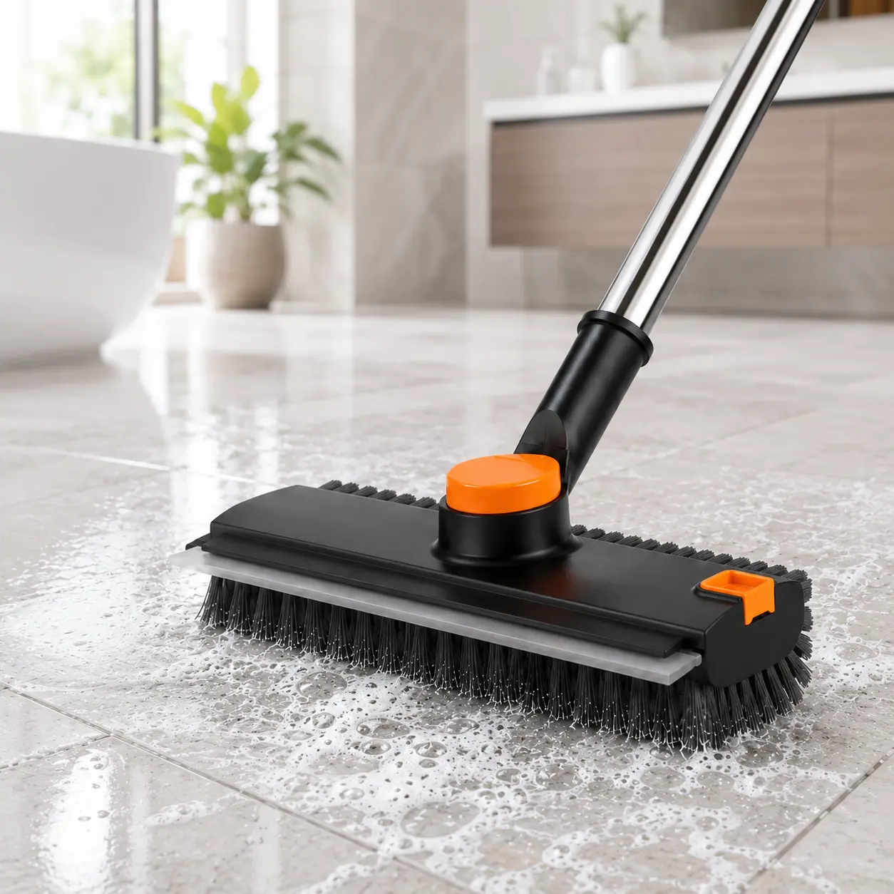 3-in-1 Floor Scrub Brush with 3 Sides Stiff Bristles, V-Shape Grout Cleaning Brush for Tile & Bathroom, Long Handle Scraper Broom for Deep Cleaning Floor Gaps & Corners Home