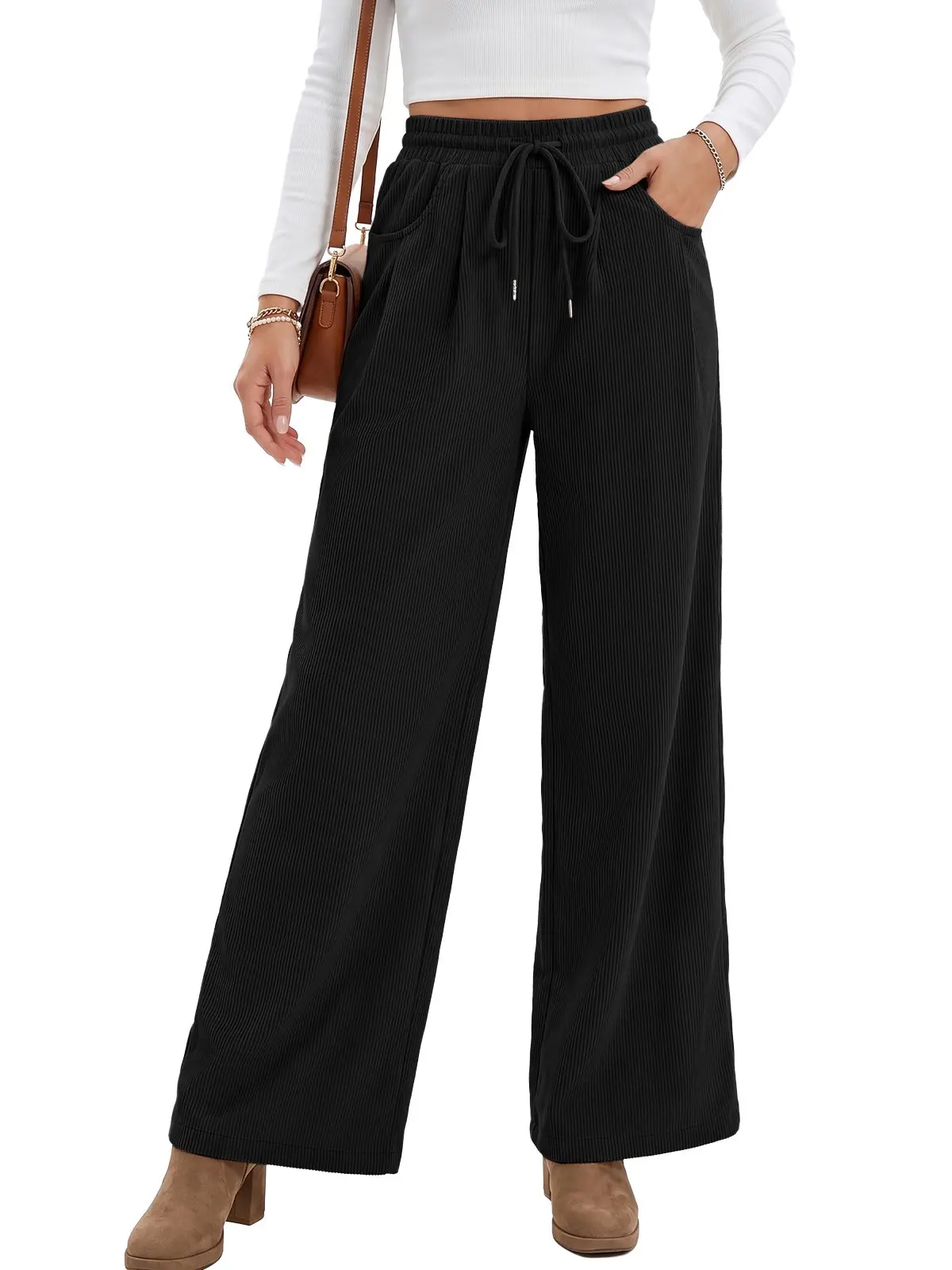 EVALESS High Waisted Corduroy Wide Leg Pants, Elastic Drawstring Waist Casual Trousers with Pockets, Warm Fall Winter Pants  Deals For You Days summer outfits