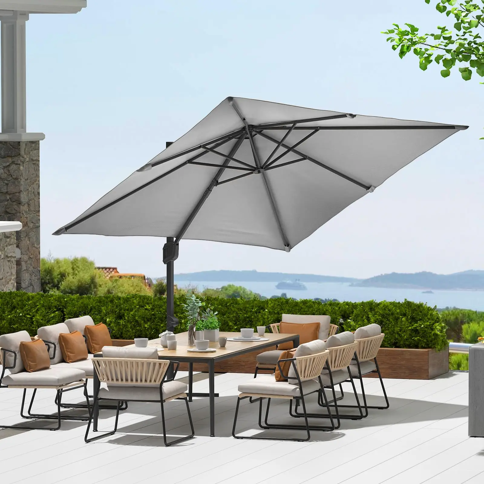 Gaomon 10x10 FT Square Offset Patio Parasol with Included Base, 360° Rotation, Easy Tilt, Adjustable Shade Canopy for Backyard, Deck