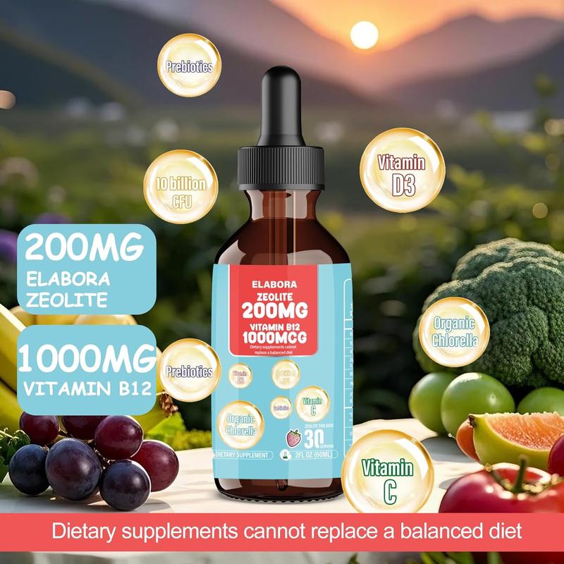Elabora 60ML Zeolite Drops for Kids and Adults, Organic Chlorella, 200mg Zeolite Liquid Drops with 1000mcg Vitamin B12,10 Billion CFU & Prebiotics for Gut Support & Speech, Immune, Bone, Strawberry