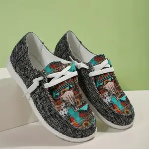 Women's Trendy Cow Head Pattern Canvas Lace Up Low Top Walking Shoes - Lightweight & Comfortable!