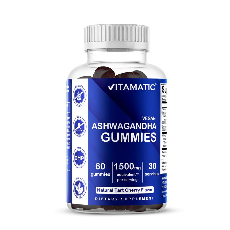 Vitamatic Ashwagandha Gummies 1500 mg Equivalent Per Serving 60 Vegan Gummies 3% Withanolides Natural Tart Cherry Flavor Dietary Supplement for Healthcare and Fitness