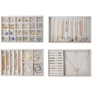 Lolalet Set of 4 Stackable Jewelry Organizer Trays for Drawers, Jewelry Drawer Inserts Container Display Case Storage for Earring Necklace Rings Bracelet with Dividers Boxes