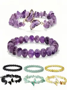 Natural Crystal Bracelet Set, Healing Crystal Bracelet, Butterfly Charm Beaded Bracelet, Fashion Accessories for Women & Girls