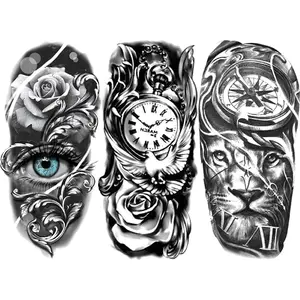 3 Piece Lion Eye Clock Rose Temporary Tattoo Set, Waterproof Sweatproof Design, Long-Lasting Body Art for Men Women All Occasions