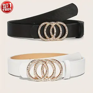 2 Pcs/Set Stylish Rhinestone Buckle Belt - Elegant, Black & White, for Jeans, Dress, Coat, Women real designer belts